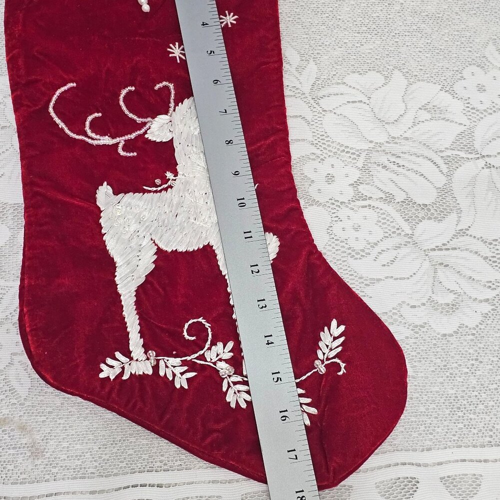 Red Velvet Christmas Stocking 18" handsewn ribbon reindeer lace beaded 2003 vtg - Picture 3 of 8